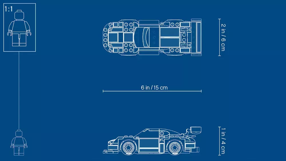 Dimensions de la Porsche 911 RSR LEGO 75888 : 15 cm de long, 6 cm de large, 4 cm de haut