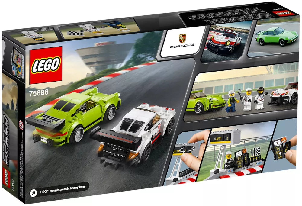 Dos de la boîte LEGO 75888 : Porsche 911 Turbo 3.0 vert citron et 911 RSR sur circuit