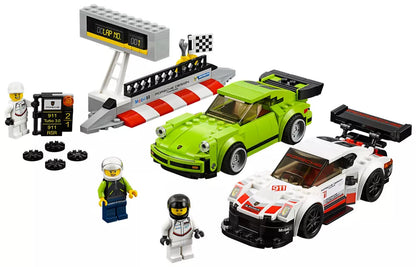 Contenu du set LEGO 75888 : Porsche 911 RSR, 911 Turbo 3.0, portion de circuit et 3 minifigurines