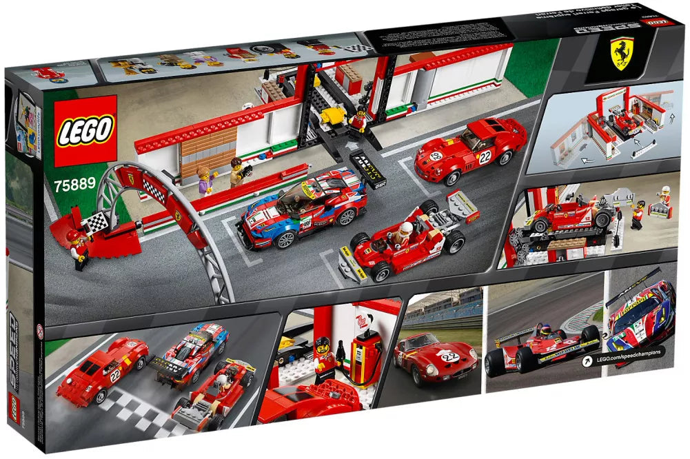Dos de la boîte LEGO 75889 Le stand Ferrari : fonctions du stand et des trois voitures