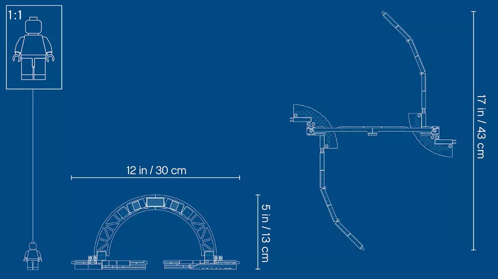 Dimensions de l'arche de départ du set LEGO 75889 : 30 cm de large, 13 cm de haut, piste de 43 cm